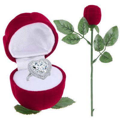 High-Grade Red Rose Velvet Jewelry Ring Box with Leaf Base – Romantic Display for Proposals, Engagements, Gifts