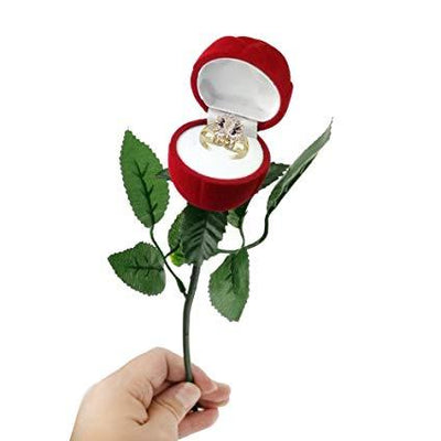 High-Grade Red Rose Velvet Jewelry Ring Box with Leaf Base – Romantic Display for Proposals, Engagements, Gifts